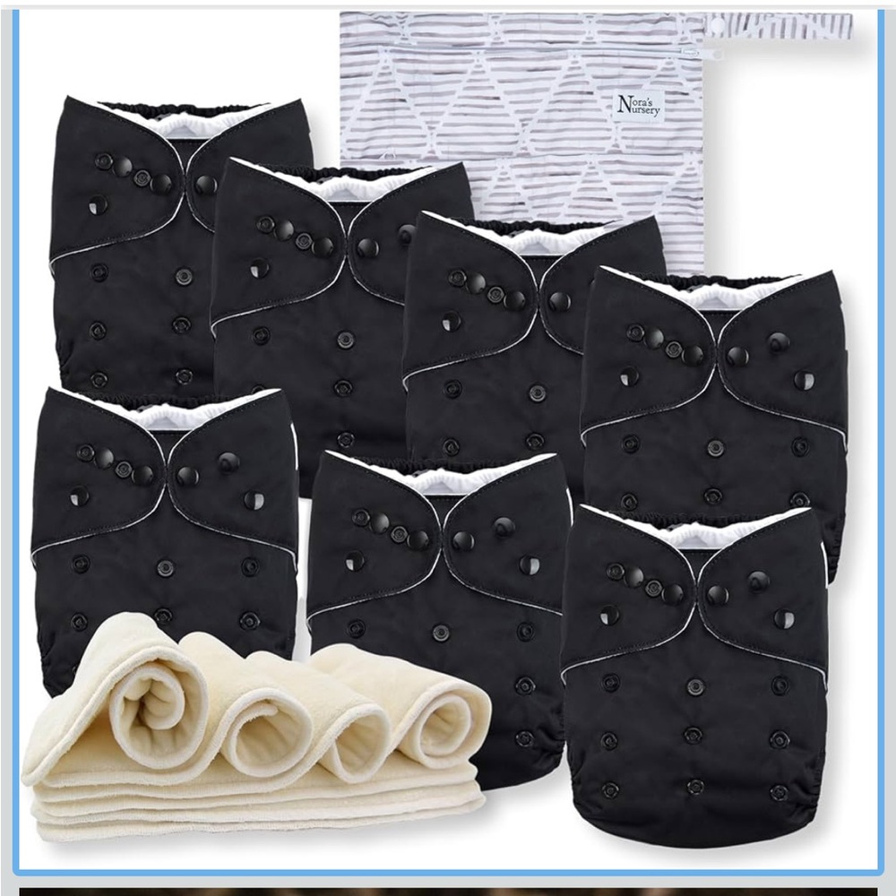 Nora's Nursery Cloth Diapers 7 Pack w/ 7 Inserts & 1 Wet Bag One Size-Black Tie